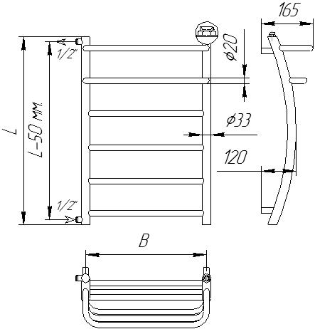 Схема полотенцесушителя из нержавеющей стали Breeze 6/2 - боковое подключение 1/2" дюйма (наружная резьба)