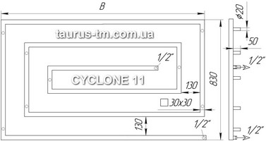 Схема дизайнерского полотенцесушителя змеевика из нержавеющей стали Cyclone 11 - стеновое подключение 1/2" дюйма - наружная резьба - дизайнерская модель полотенцесушителя- радиатора из профильной трубы 30х30мм.