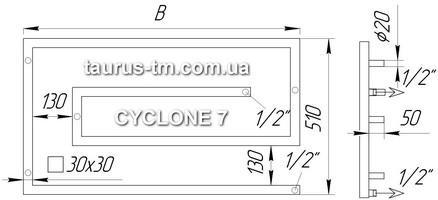 Схема дизайнерского полотенцесушителя змеевика из нержавеющей стали Cyclone 7 - стеновое подключение 1/2" дюйма - наружная резьба - дизайнерская модель полотенцесушителя из профильной трубы 30х30мм.