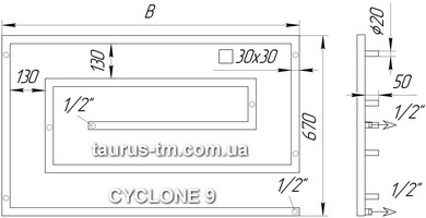 Схема дизайнерского полотенцесушителя змеевика из нержавеющей стали Cyclone 9 - стеновое подключение 1/2" дюйма - наружная резьба - дизайнерская модель полотенцесушителя- радиатора из профильной трубы 30х30мм.