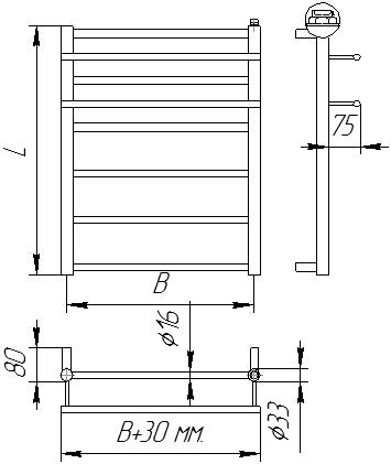 Схема полотенцесушителя Elegant - нижнее подключение (1/"2 дюйма внутренняя резьба)