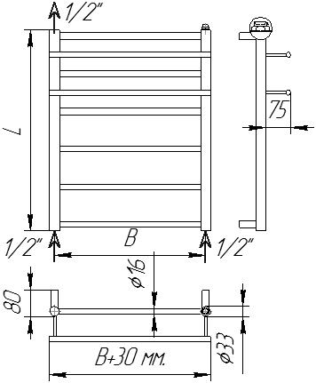 Схема полотенцесушителя Elegant - универсальное (т.е. сквозное - нижнее-верхнее подключение). Идеально подходит для комбинированной системы отопления: ГВС (котел) + ЭлектроТЭН 