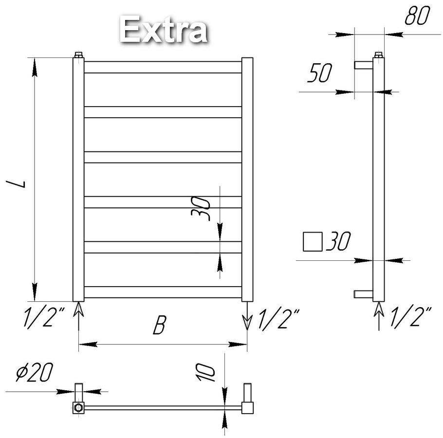 Схема полотенцесушителя EXTRA - нижнее подключение (1/2"  внутренняя резьба)