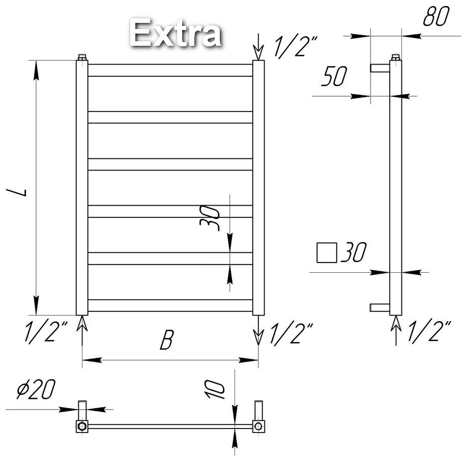 Схема полотенцесушителя EXTRA - универсальное, т.е. сквозное (верхне-нижнее) подключение (1/2"  внутренние резьбы - 4 шт.)