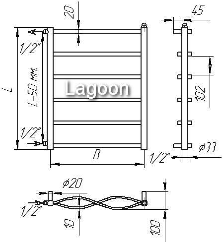 Схема полотенцесушителя Lagoon - боковое подключение 1/2" дюйма - наружная резьба