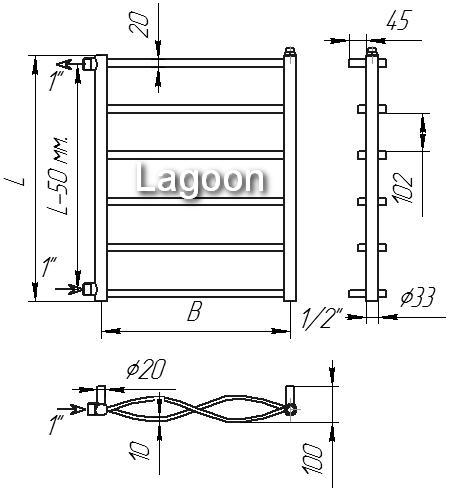 Схема полотенцесушителя Lagoon - боковое подключение 1" дюйм - наружная резьба