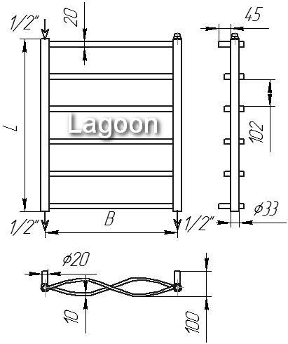 Схема полотенцесушителя Lagoon - универсальное, т.е. сквозное (верхне-нижнее) подключение (1/2"  внутренние резьбы - 4 шт.)