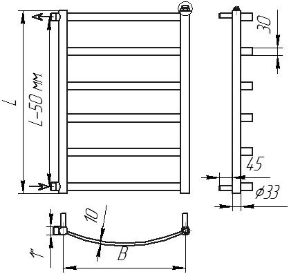 Схема полотенцесушителя Maxima - боковое подключение 1" дюйм - наружная резьба