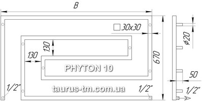 Схема дизайнерского полотенцесушителя змеевика из нержавеющей стали Phyton 10 - из профильной трубы 30х30мм.- стеновое подключение 1/2" дюйма - наружная резьба