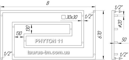 Схема дизайнерского полотенцесушителя змеевика из нержавеющей стали Phyton 11 - из профильной трубы 30х30мм.- стеновое подключение 1/2" дюйма - наружная резьба