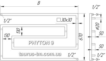 Схема дизайнерского полотенцесушителя змеевика из нержавеющей стали Phyton 9 - из профильной трубы 30х30мм.- стеновое подключение 1/2" дюйма - наружная резьба