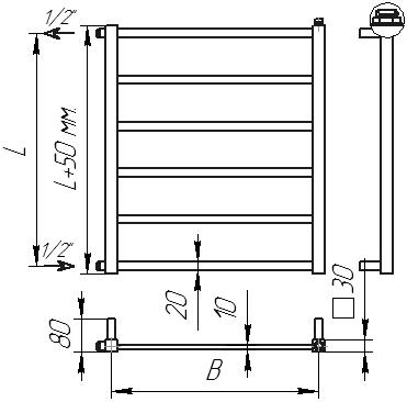 Схема полотенцесушителя Quatro - боковое подключение (1/2 или 3/4 дюйма наружная резьба)