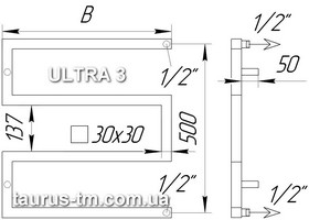Схема полотенцесушителя из нержавеющей стали Ultra 3 колена - стеновое подключение 1/2" дюйма - наружная резьба - дизайнерская модель полотенцесушителя