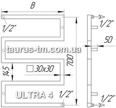 Схема полотенцесушителя из нержавеющей стали Ultra 4 колена - стеновое подключение 1/2" дюйма - наружная резьба - дизайнерская модель полотенцесушителя