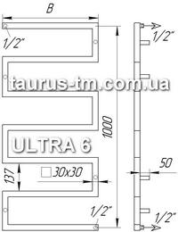 Схема подключения полотенцесушителя из нержавеющей стали Ultra 6 колен - стеновое подключение 1/2" дюйма - наружная резьба - дизайнерская модель полотенцесушителя радиатора